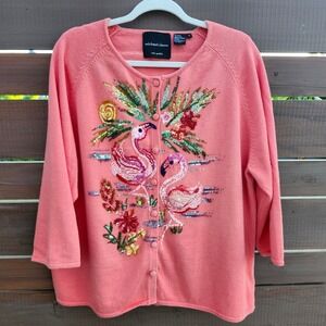 Vintage Michael Simon Beaded Flamingo Sweater 1X Y2K Tropical Coastal Collector